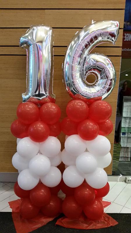 16 silver on red and white balloon columns red and white balloon columns
